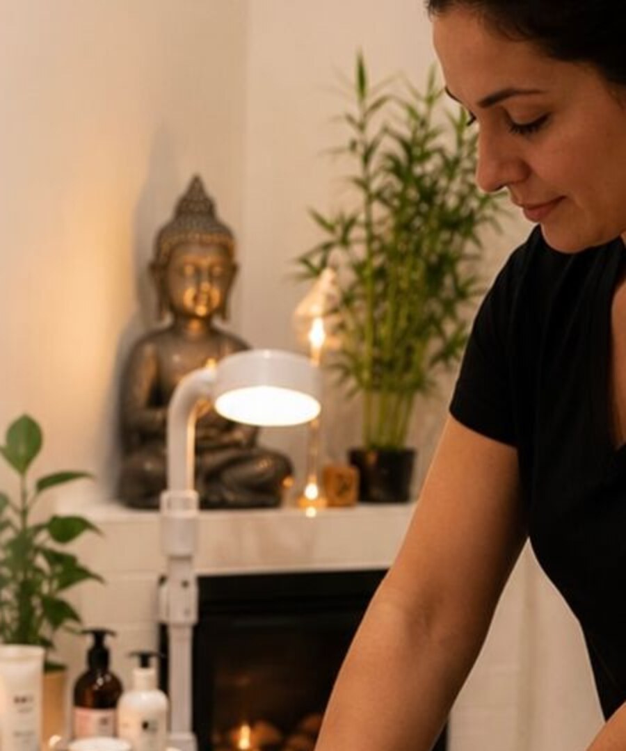 Sala de massagem do Studio 316 com velas e ambiente de relaxamento