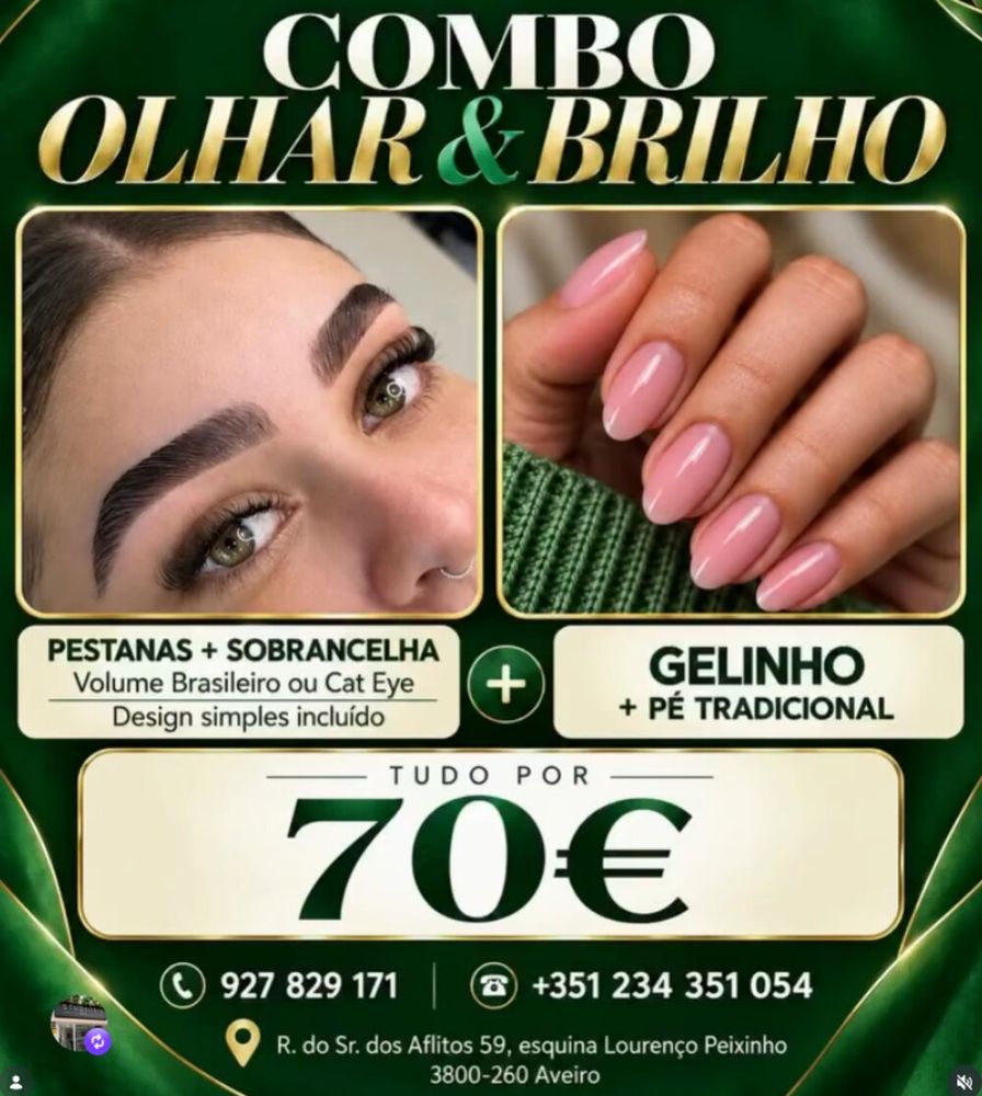 Combo Olhar & Brilho: pestanas, sobrancelha, gelinho e pé tradicional por 70€