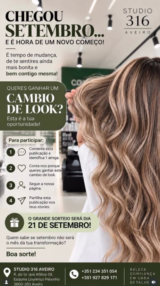 Sorteio de setembro do Studio 316 Aveiro: ganha uma mudança de visual