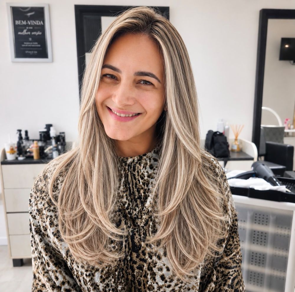 Cliente sorridente com loiro iluminado